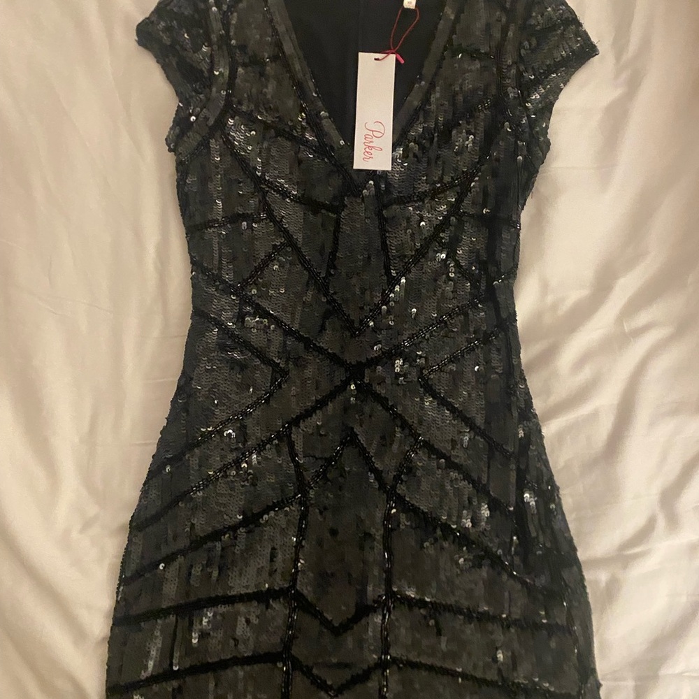 Parker All Black Sequin V-Neck Bodycon Dress
